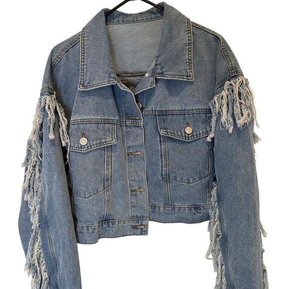 Shein Curve Fringe Sleeve Denim Jacket Blue Size 2XL - Picture 1 of 4